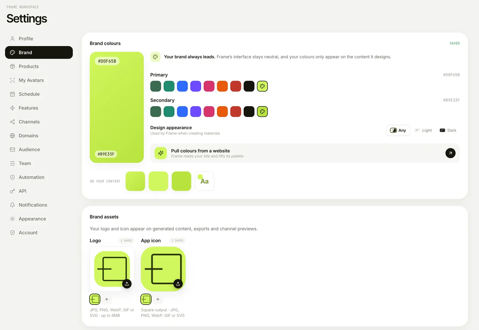 Frame brand settings, colours pulled from your site